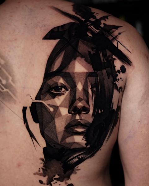 Blackwork geometric portrait tattoo by @ellietaylor.tattoos