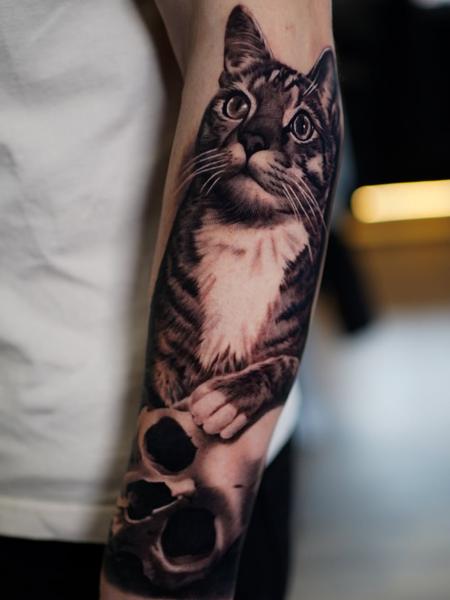 Realism cat on skull tattoo by @ellietaylor.tattoos