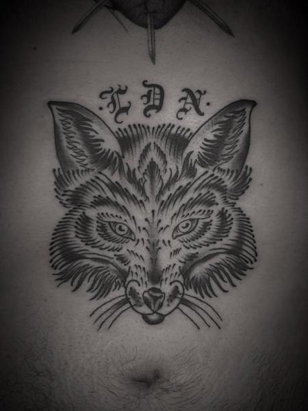 Blackwork fox head tattoo by @elliottlane