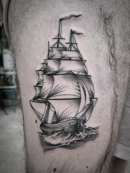 Traditional sailing ship tattoo by @elliottlane