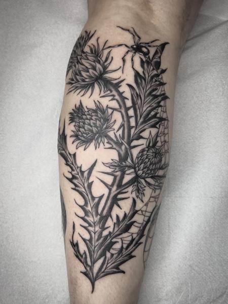 Blackwork thistle and spider tattoo by @elliottlane