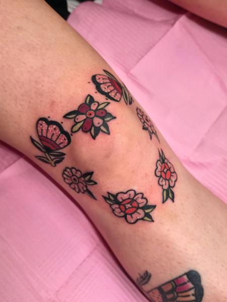 Traditional floral butterflies tattoo by @emmaelizabethtattoo