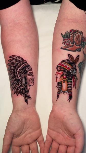 Traditional native american portraits tattoo by @emmalouisetattoo