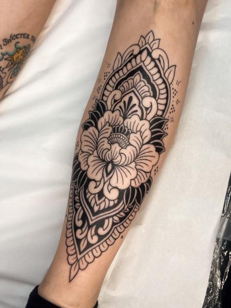 Ornamental ornamental flower tattoo by @emmalouisetattoo
