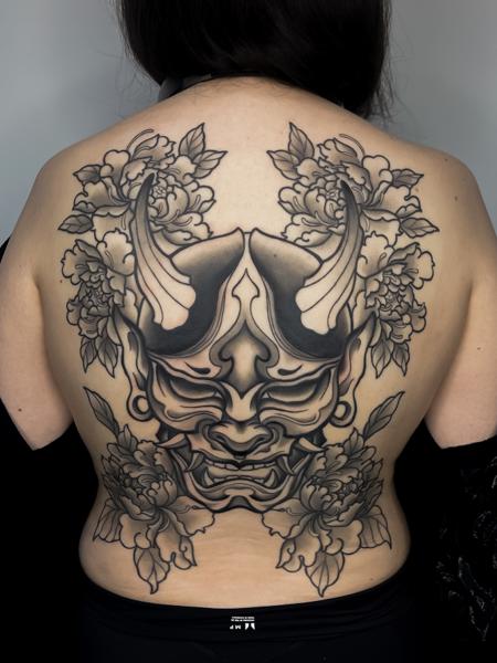 Japanese hannya mask tattoo by @emmalouisetattoo