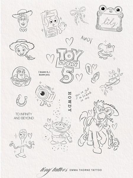 Fine line toy story characters tattoo by @emmathornetattoo
