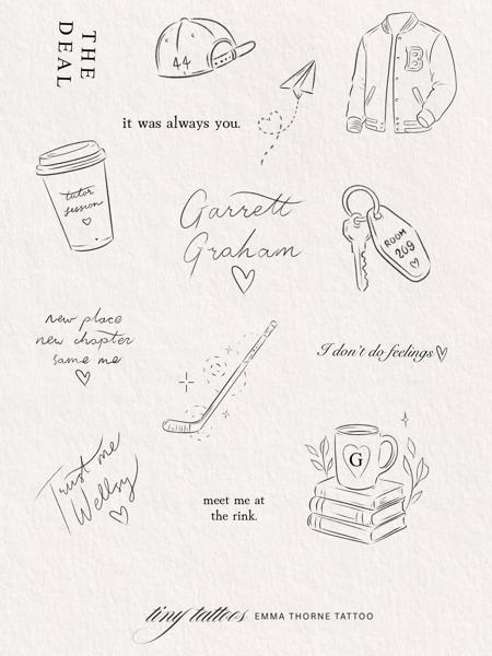 Fine line story elements tattoo by @emmathornetattoo