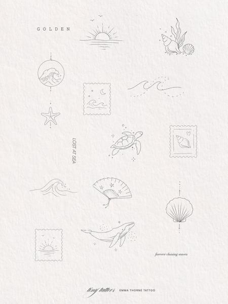 Fine line ocean elements tattoo by @emmathornetattoo