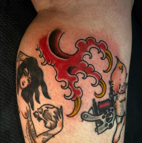 Traditional crescent moon and clouds tattoo by @erik_van_cuyck
