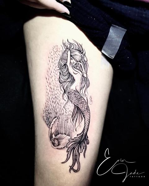 Fine line mermaid tattoo by @erinjadetattoos