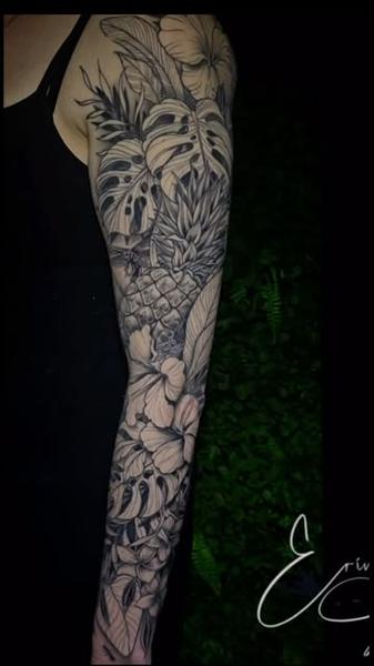 Blackwork tropical foliage tattoo by @erinjadetattoos
