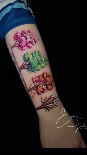 Dotwork colorful trees tattoo by @erinjadetattoos