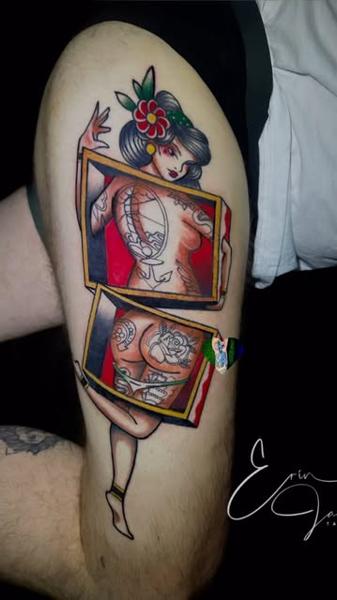 Traditional pin-up girl tattoo by @erinjadetattoos