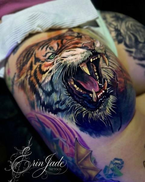 Realism roaring tiger tattoo by @erinjadetattoos