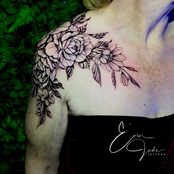 Fine line floral arrangement tattoo by @erinjadetattoos
