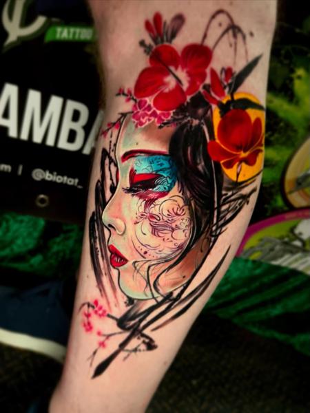 Watercolor geisha portrait tattoo by @eireink