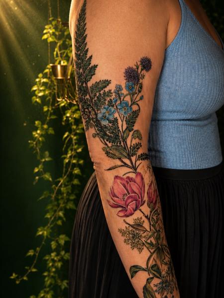 Realism floral arrangement tattoo by @eireink