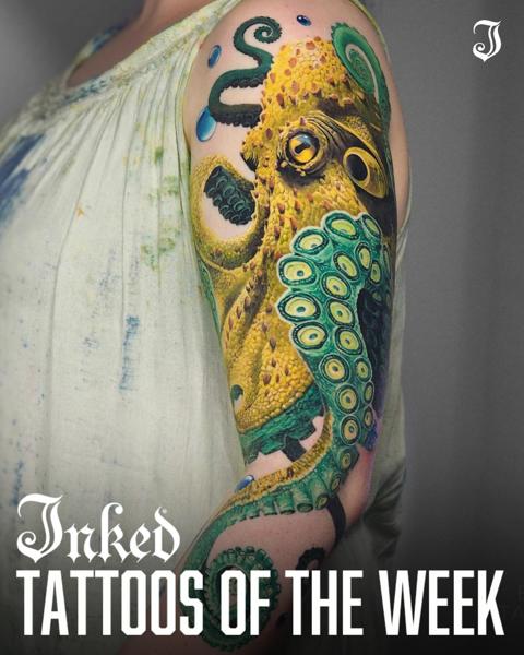 Illustrative colorful octopus tattoo by @estertarabal