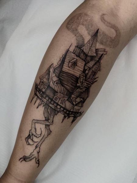 Illustrative house on chicken legs tattoo by @mo.rf_tattoo