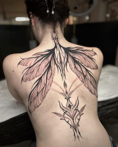 Ornamental feathered wings tattoo by @rotten_soull
