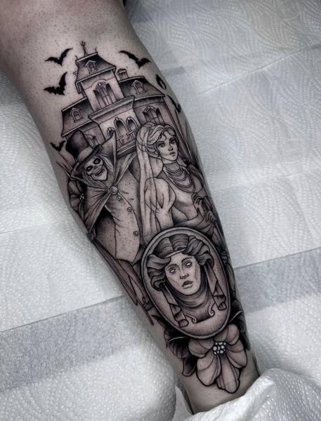 Blackwork haunted mansion tattoo by @evxtattoo