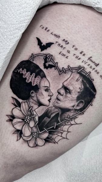 Blackwork frankenstein couple tattoo by @evxtattoo
