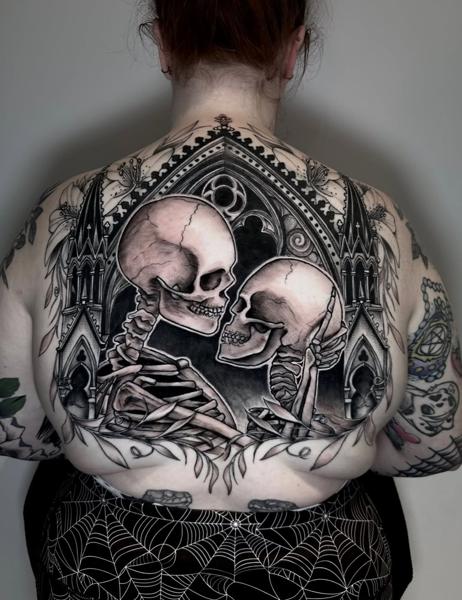 Blackwork gothic skeletons tattoo by @evxtattoo