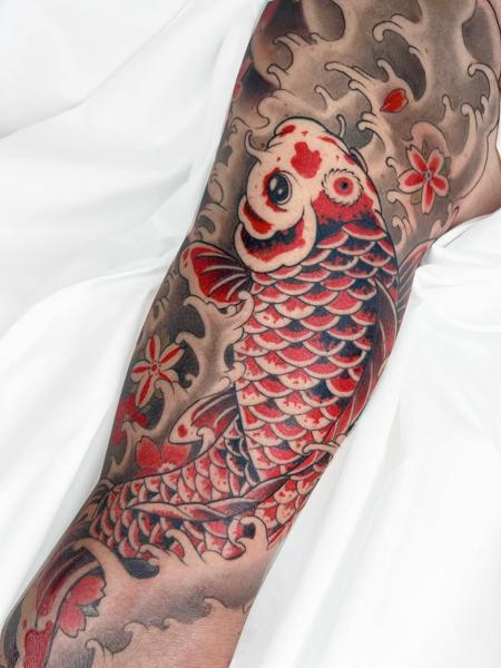 Japanese koi fish tattoo by @evanthiee