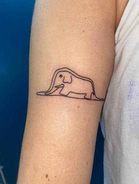Fine line elephant outline tattoo by @evi_ttt