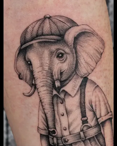 Illustrative elephant character tattoo by @evi.sv