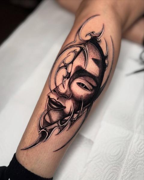 Blackwork ornamental ornamental face tattoo by @corvus_ntc
