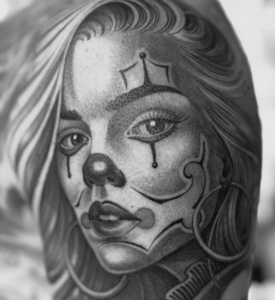 Realism clown portrait tattoo by @ey.ron_tattoo