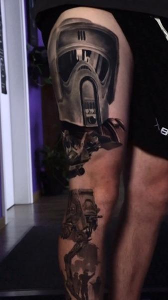 Realism sci-fi helmet tattoo by @fabio.ricchio