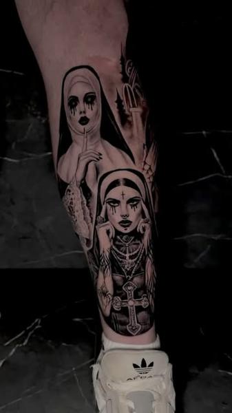 Blackwork crying nuns tattoo by @GiafkaTattoo33