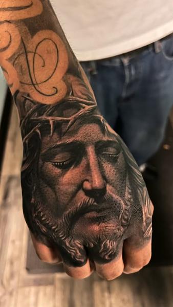 Realism jesus portrait tattoo by @fatboy_tattoos