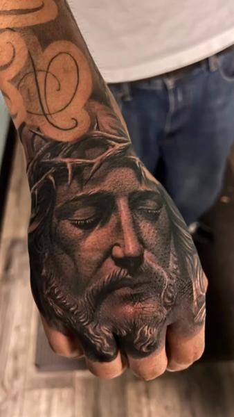 Realism jesus portrait tattoo by @fatboy_tattoos