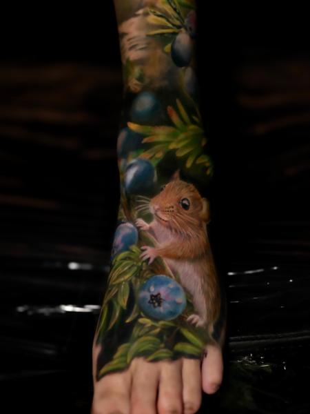 Realism mouse and berries tattoo by @fayeskinnertattoo