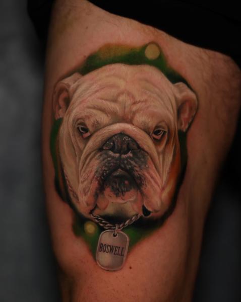 Realism bulldog portrait tattoo by @fayeskinnertattoo