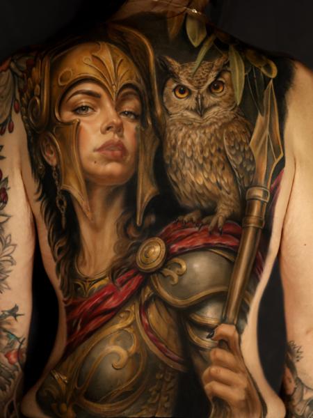 Realism warrior with owl tattoo by @fayeskinnertattoo