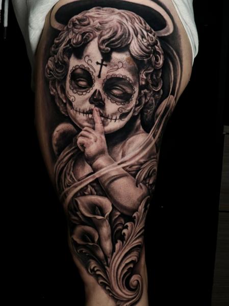 Realism sugar skull cherub tattoo by @fer703