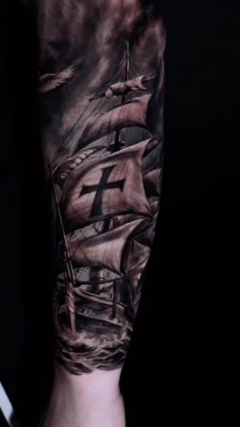 Realism sailing ship tattoo by @fer703