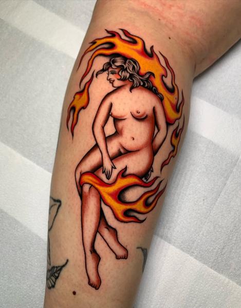 Traditional flaming woman tattoo by @billie_p_