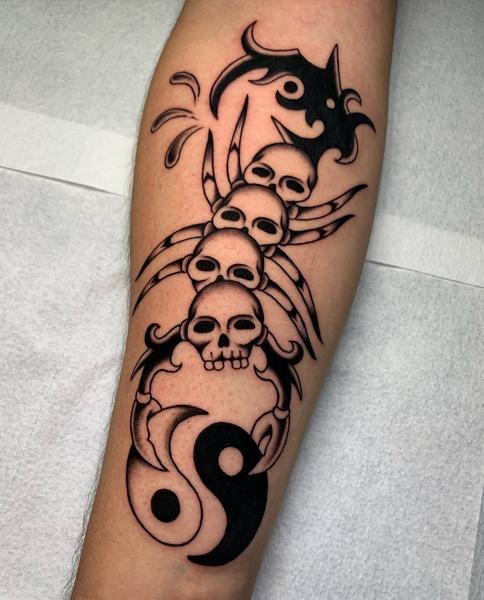 Blackwork skull spider yin-yang tattoo by @billie_p_