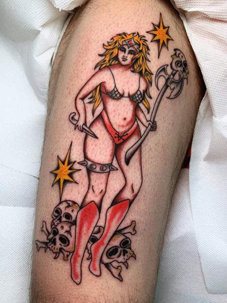 Traditional warrior woman skulls tattoo by @billie_p_
