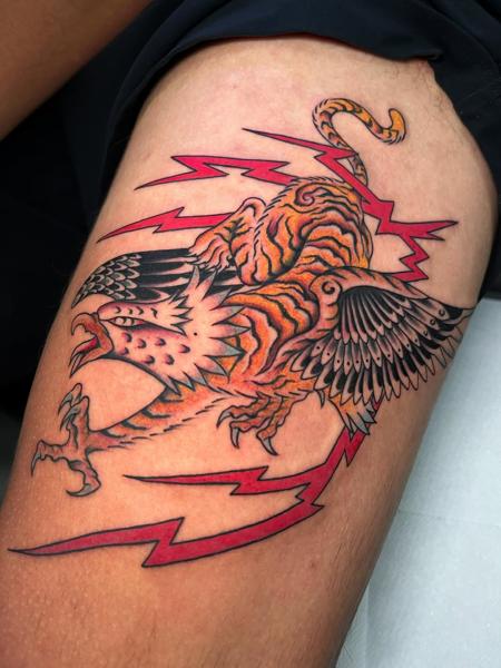 Neo-traditional tiger eagle lightning tattoo by @billie_p_