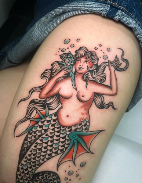Traditional mermaid seahorse tattoo by @billie_p_