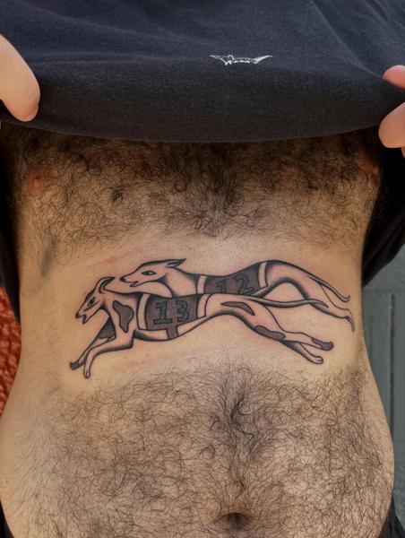 Illustrative racing greyhounds tattoo by @billie_p_