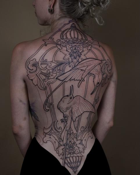 Linework ornate birds tattoo by @filouino