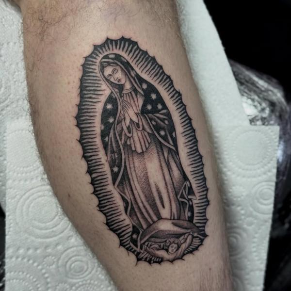Blackwork virgin mary tattoo by @justbethtattoo