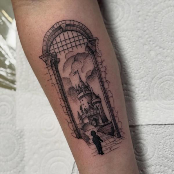 Blackwork castle scene tattoo by @justbethtattoo